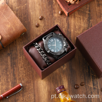 Conjunto de relógios de joias de moda masculina elegantes 3 PCS relógios de quartzo com colar de pulseira de strass Conjunto de relógios de pulso de prata punk + caixa